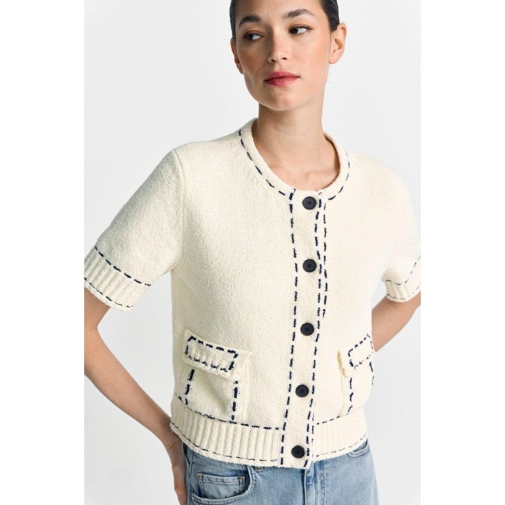 Zara Womens Short Sleeve Contrast Stitch Knit Cardigan Cream Navy Blue Small